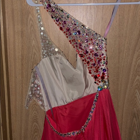 One shoulder open black sparkly coral prom dress - Picture 4 of 4